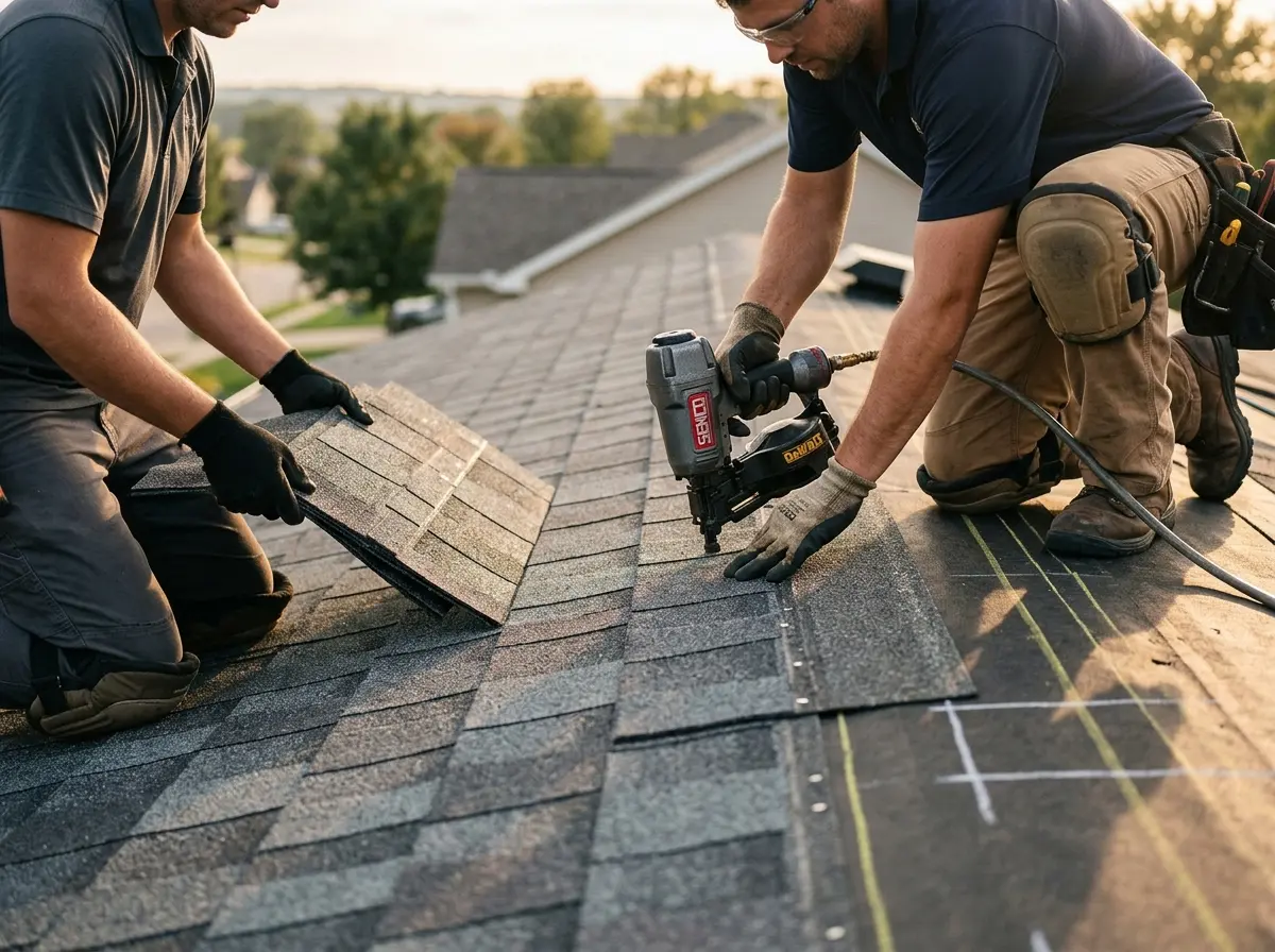 Professional roofer working on a residential roof in Earlimart
